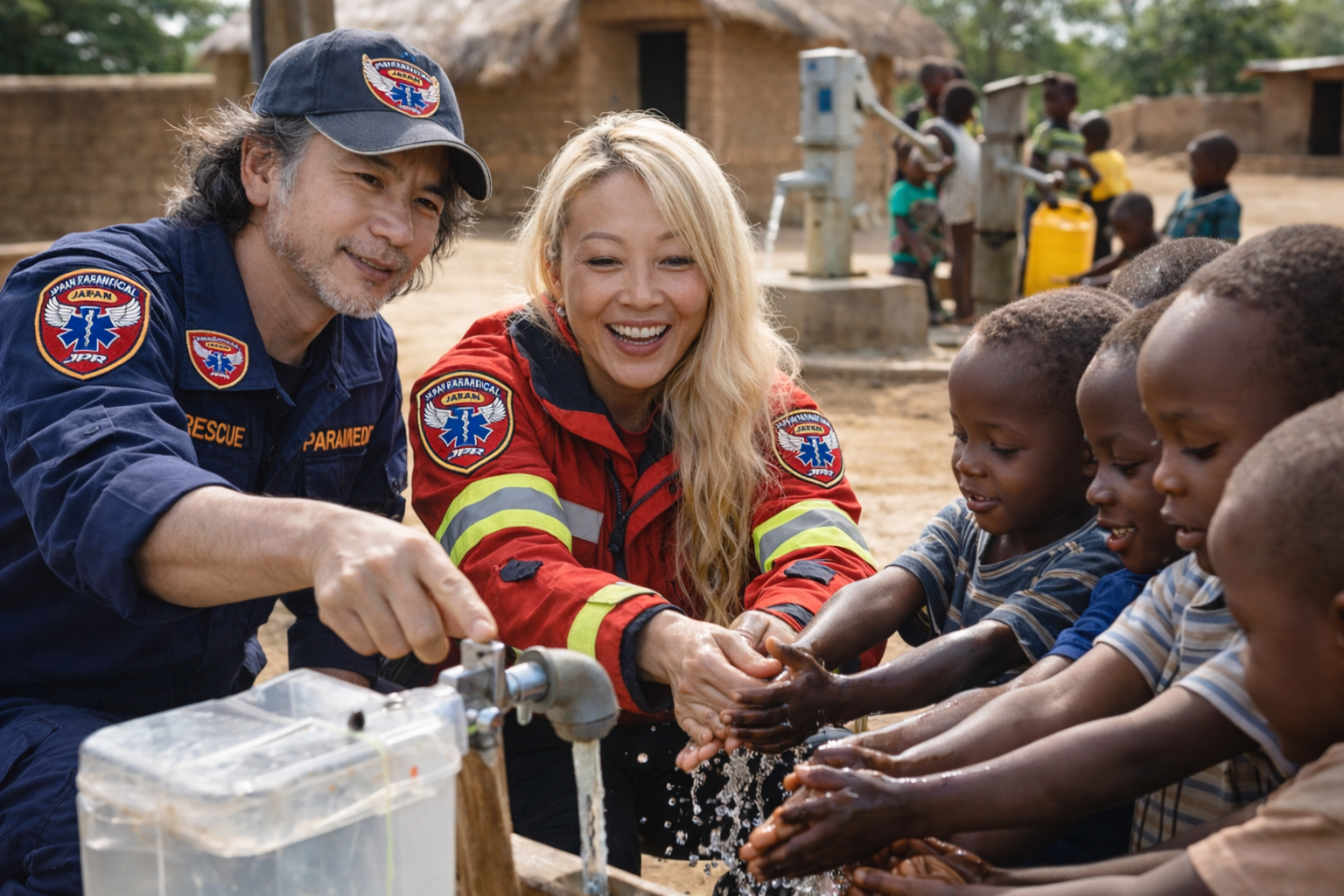 ザンビアで子どもに手洗い指導を行う日本人救急隊員（JPR）