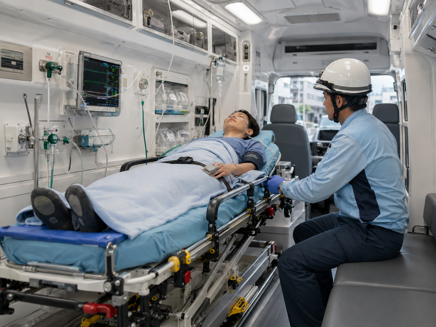 救急車内で患者を観察しながら搬送する救急隊員と防振架台付きストレッチャー