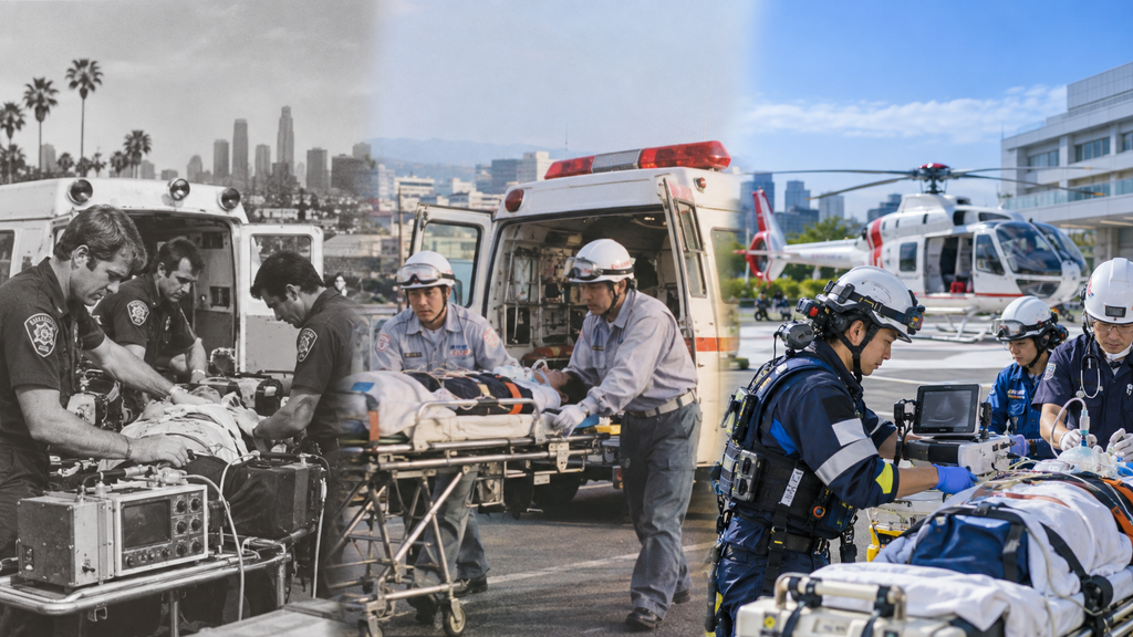 1969年頃の米国Paramedic、1991年の日本の救急救命士制度創設期、2026年の救急医療を表した歴史イメージ