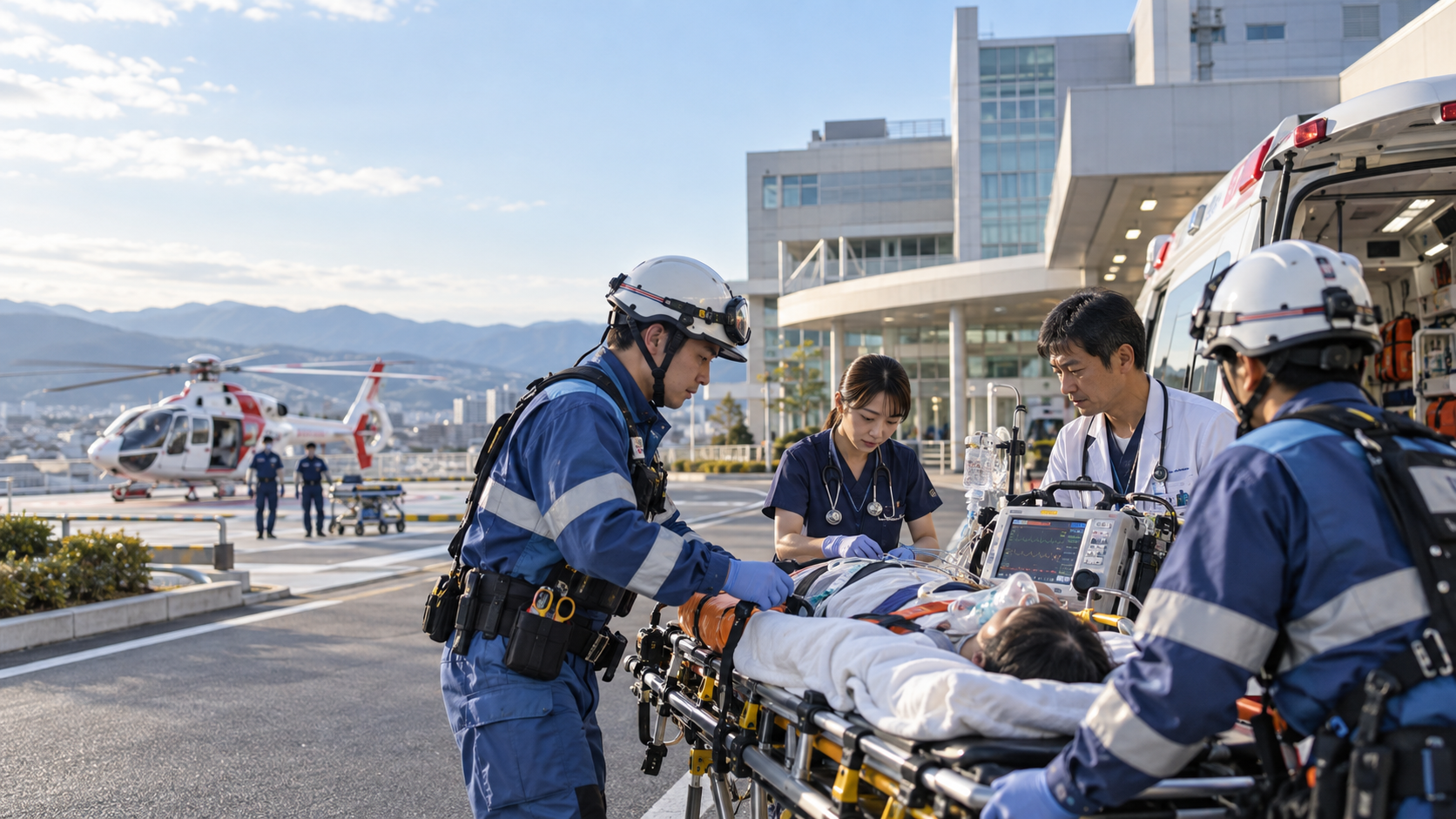 日本の救急救命士、救急車、ドクターヘリ、病院が連携する救急医療搬送体制のイメージ